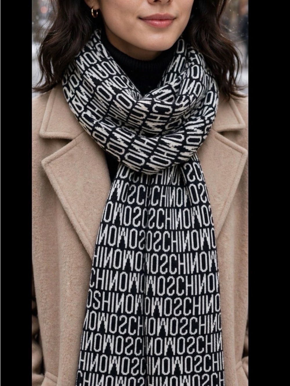 Moschino 100% Wool Logo Scarf | Black & White | All Over Print | Designer Winter